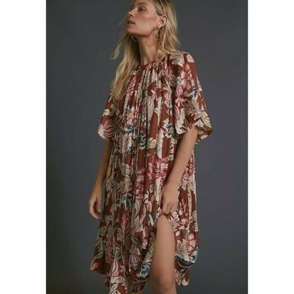 Anthropologie Leandra NWT Pleated foil midi brown motif‎ floral dress XS $168
